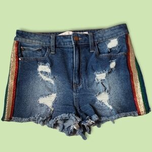 Y2K Rainbow & Glitter Striped High Waisted Frayed Hem Distressed Shorts Size 4
